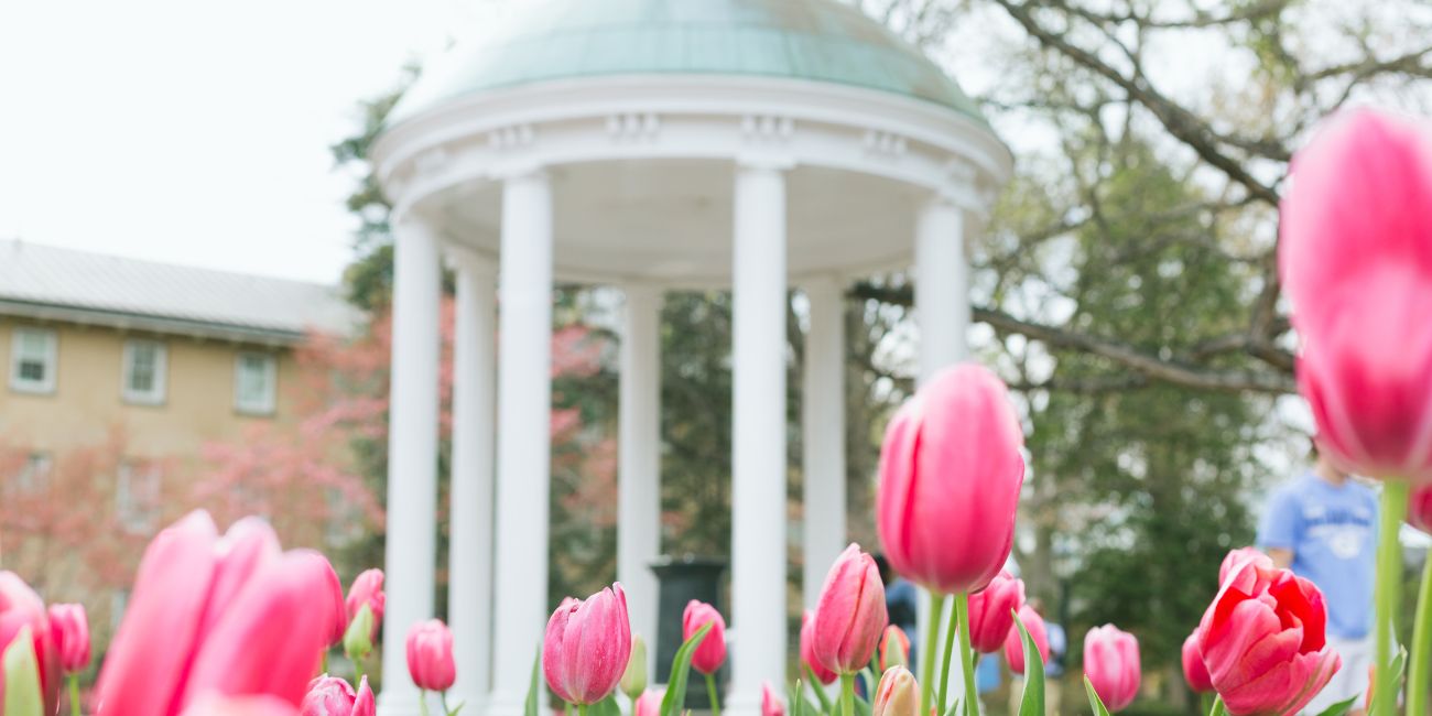 The iconic Old Well at UNC Chapel Hill with tulips