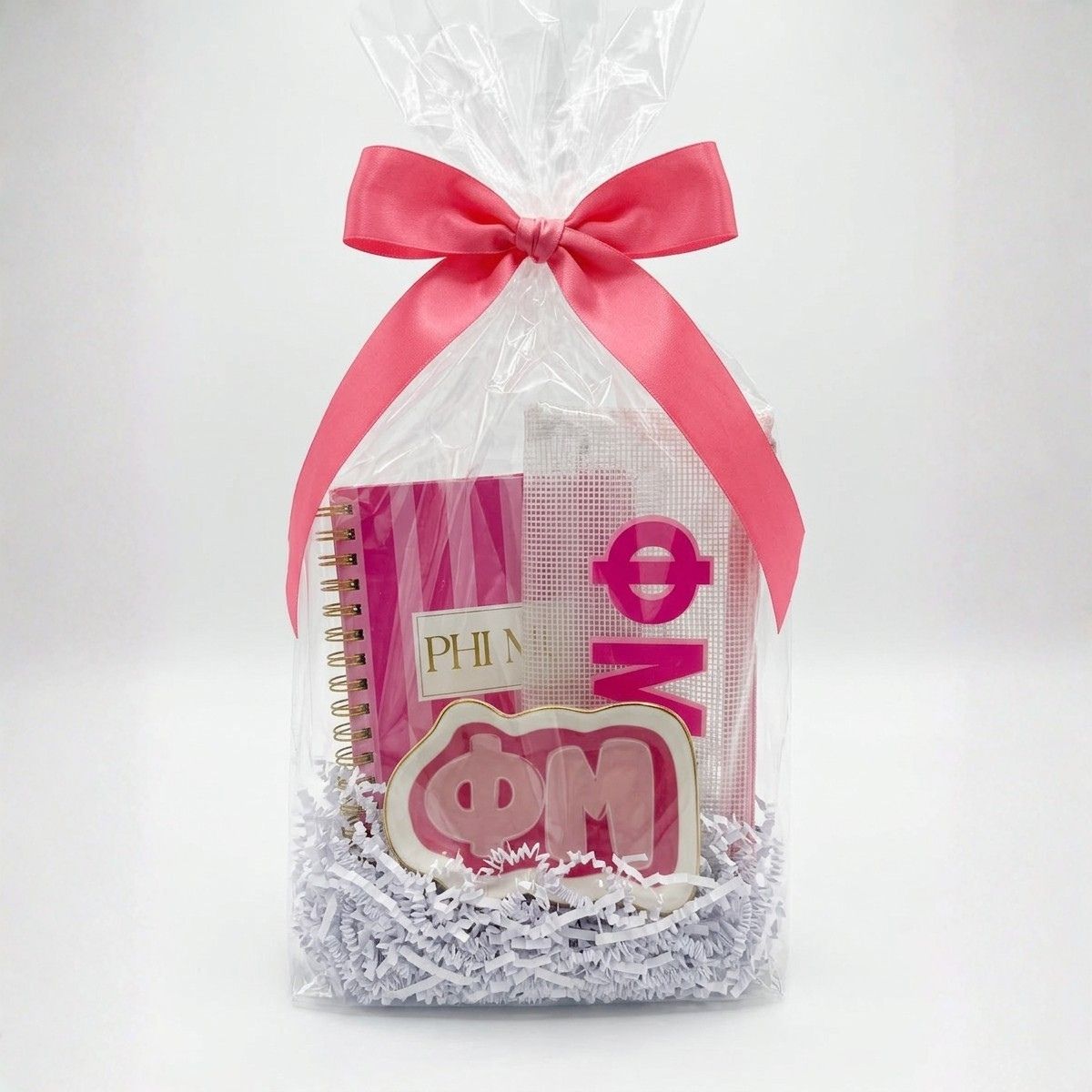 Phi Mu gift for sorority girls including notebook, bag, and trinket dish