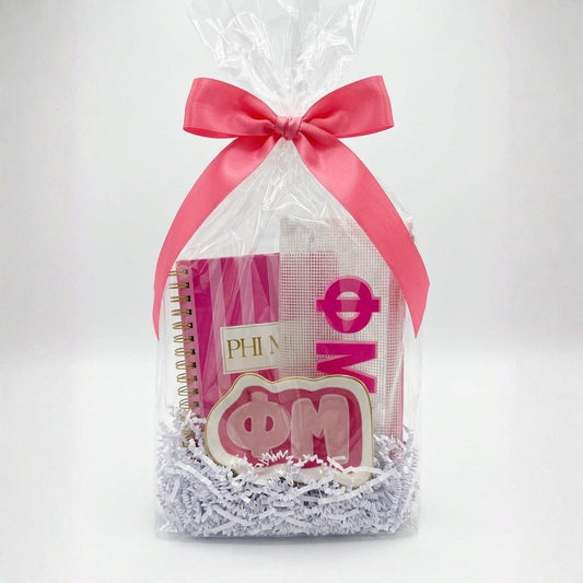 Phi Mu gift for sorority girls including notebook, bag, and trinket dish