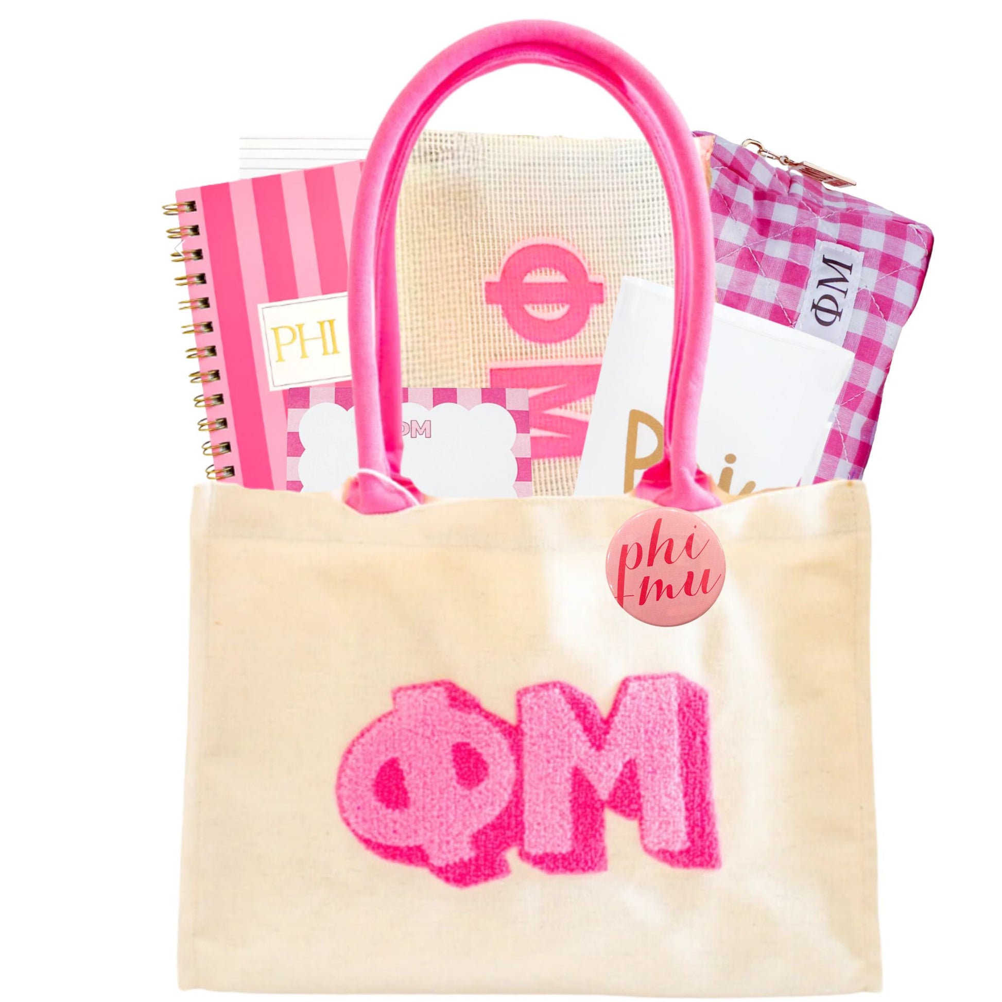 Collection of 'Phi Mu' themed items including a tote bag, notebook, and pouches on a white background for bid day, initiation, or big sis/lil sis
