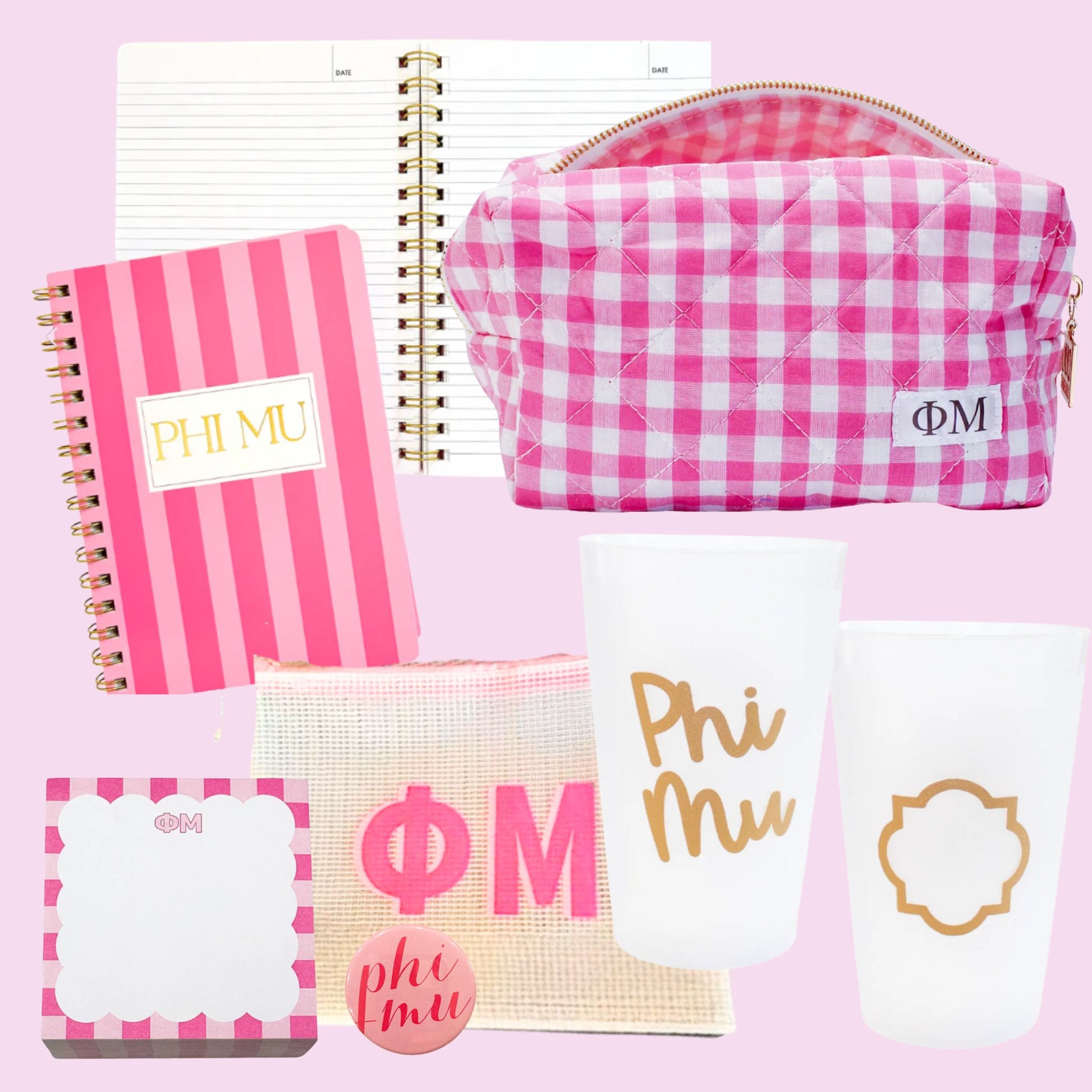 Collection of pink and white 'Phi Mu' themed stationery items on a pink background, including cosmetic bag, notebook, notepad, pouch, button, and cup