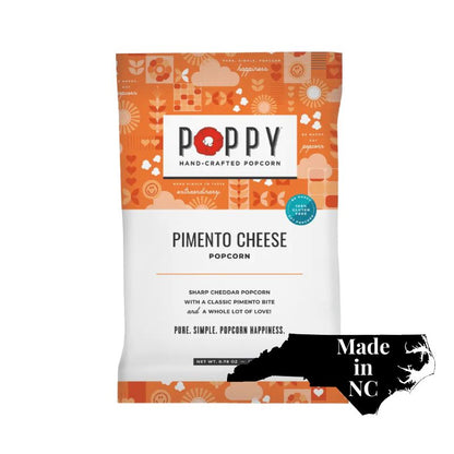Poppy pimento cheese popcorn bag with a 'Made in NC' label on a white background
