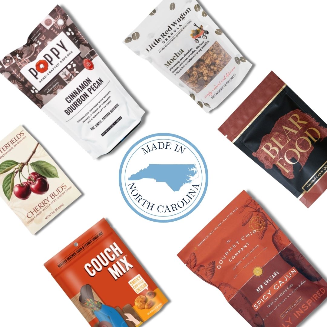 Premium gift basket with NC State wolfpack napkins and red gourmet NC foods