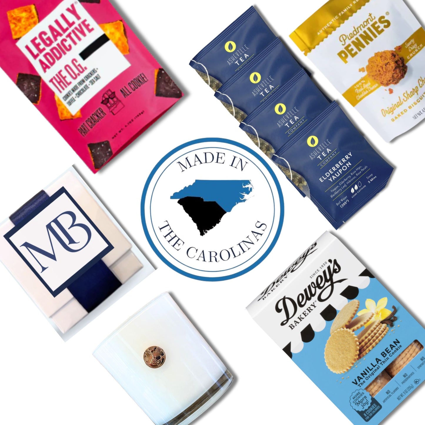 Assorted food products contained in elegant realtor closing gift with 'Made in the Carolinas' logo in the center.
