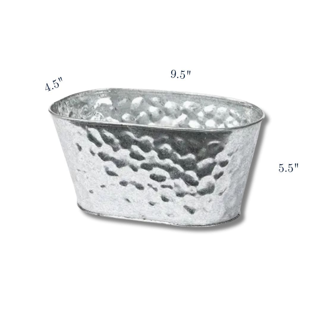 Silver metallic bowl with dimensions on a white background