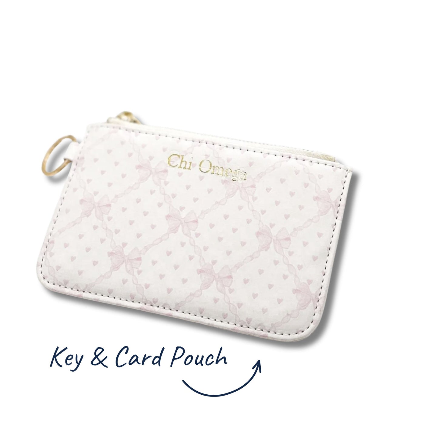 White key and card pouch with sorority branding on a white background