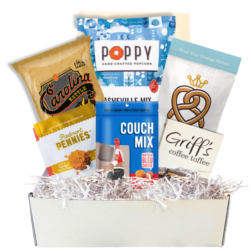 Gift box full of gourmet, made in North Carolina snacks to celebrate local flavors and small businesses