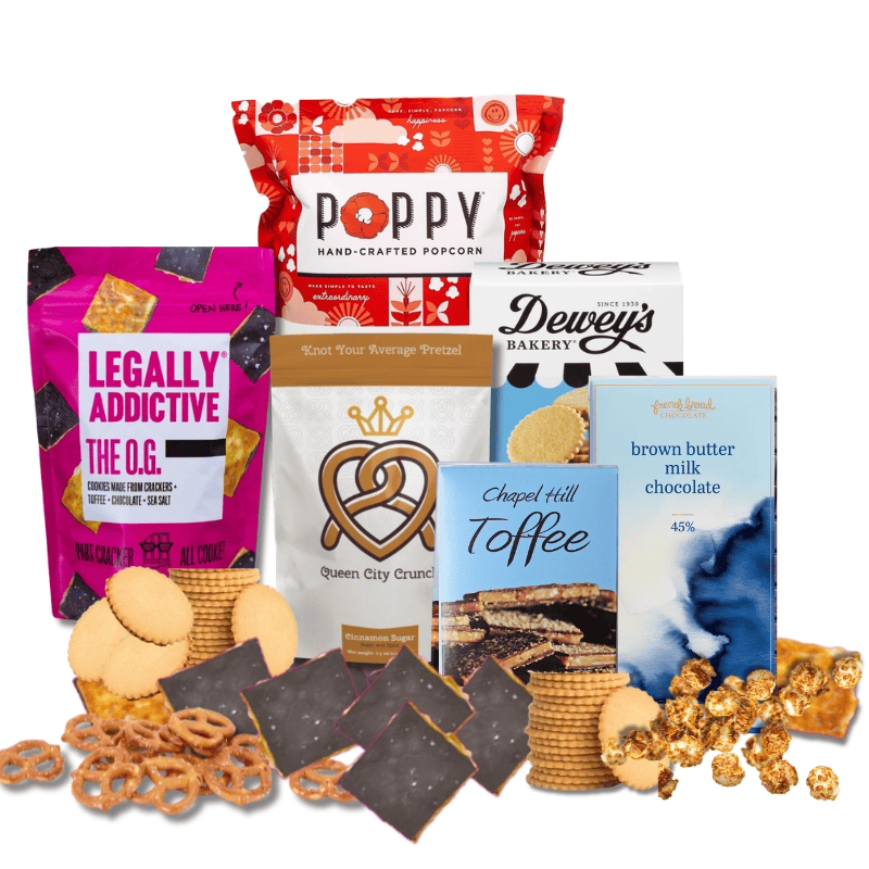 Luxury gift box with made in North Carolina gourmet foods and sweet indulgences, featuring all locally made in NC sweets for mothers day, easter, thinking of you, birthdays, and more