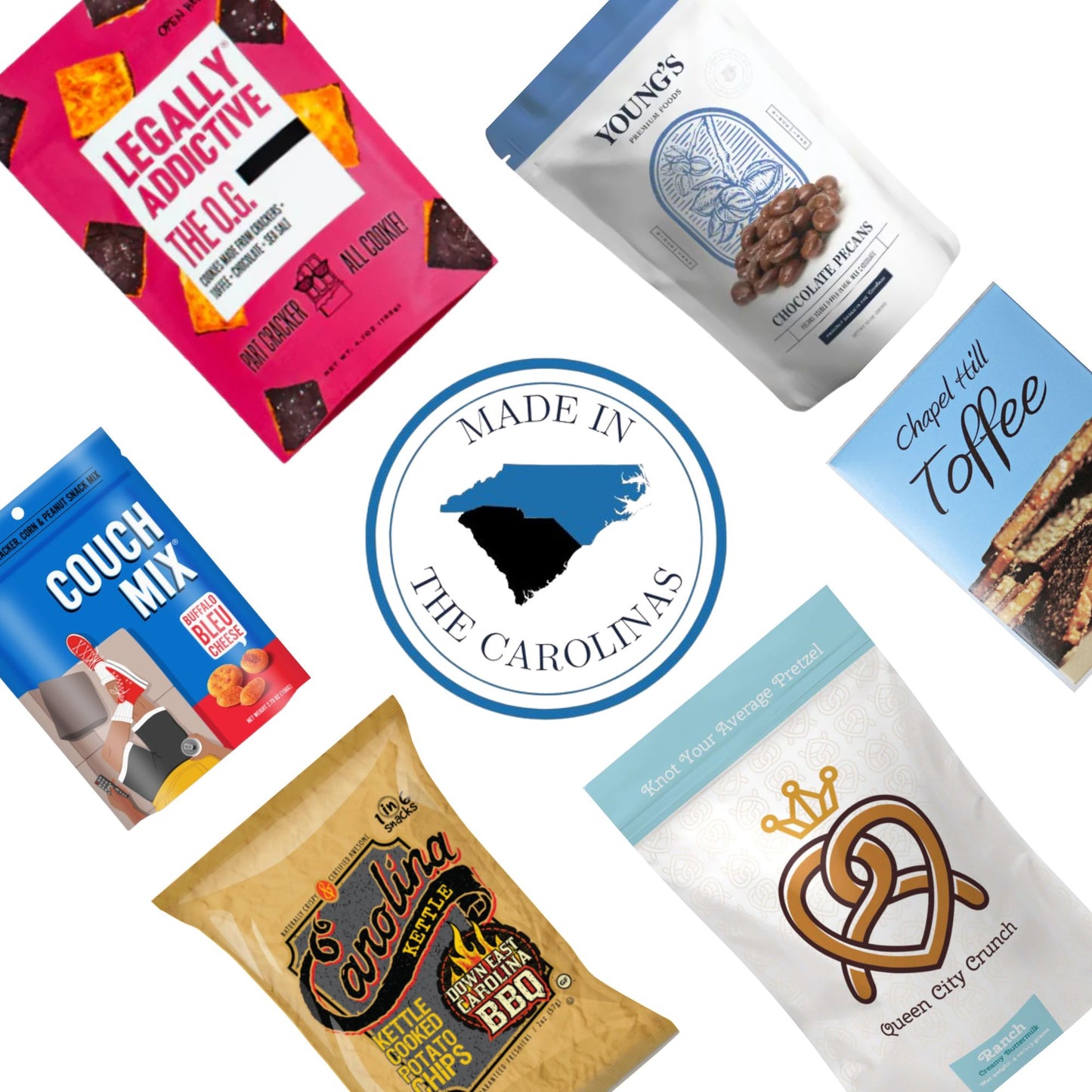 Collection of snack packages with a 'Made in North Carolina' logo in the center.