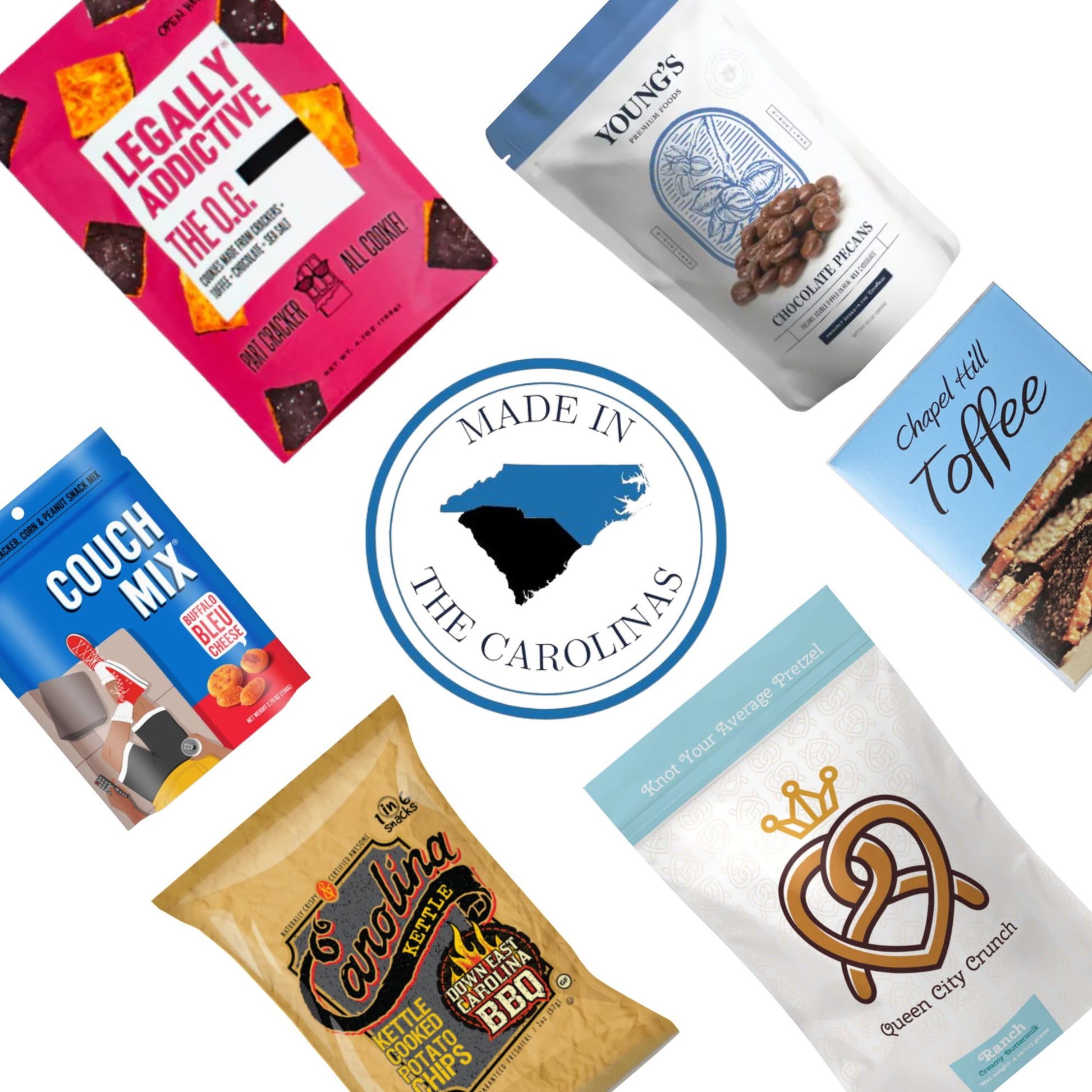 Collection of snack packages with a 'Made in North Carolina' logo in the center.