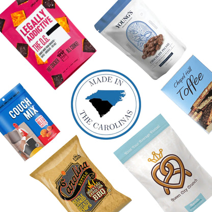 Collection of snack packages with a 'Made in North Carolina' logo in the center.