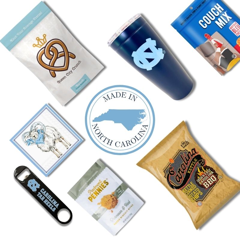flat lay of made in NC specialty foods and UNC Chapel Hill merchandise included in Tar Heel gift box