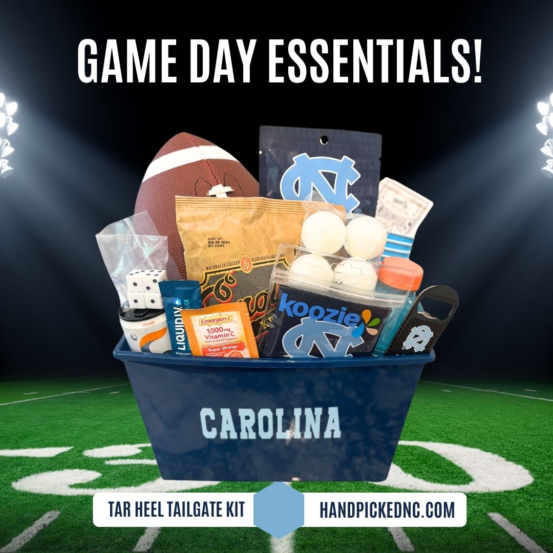 Gift for UNC Boys including football, ping pong balls, UNC bottle opener, UNC Koozie, and NC local foods.