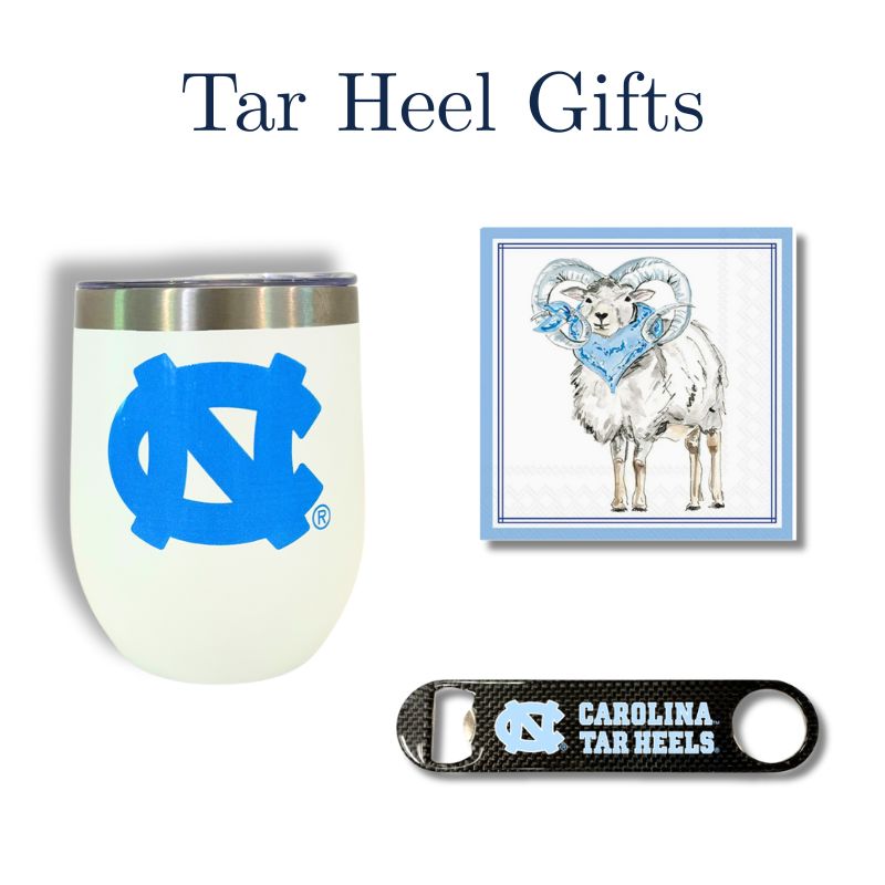 Tar Heel Gifts including a tumbler, napkins with ram illustration, and bottle opener on a white background.