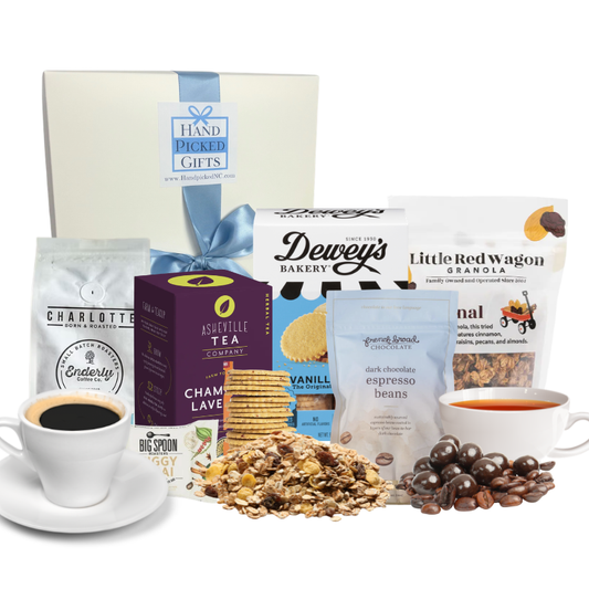 Display of gift box and its contents which are all made in North Carolina breakfast items