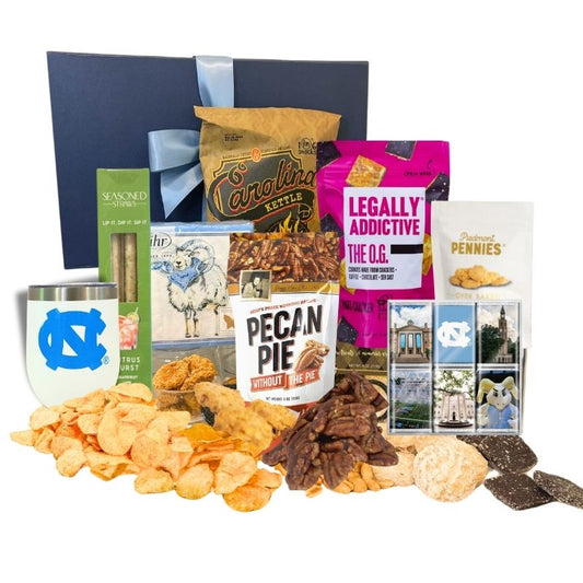 Gourmet UNC Chapel Hill gift containing UNC tumbler, ramses beverage napkins, Chapel Hill chocolate, and other gourmet food made in North Carolina