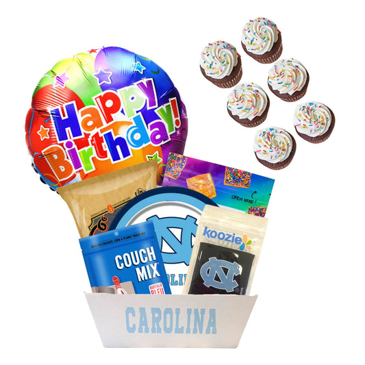 UNC birthday care package with Tar Heels party essentials and Chapel Hill student celebration treats