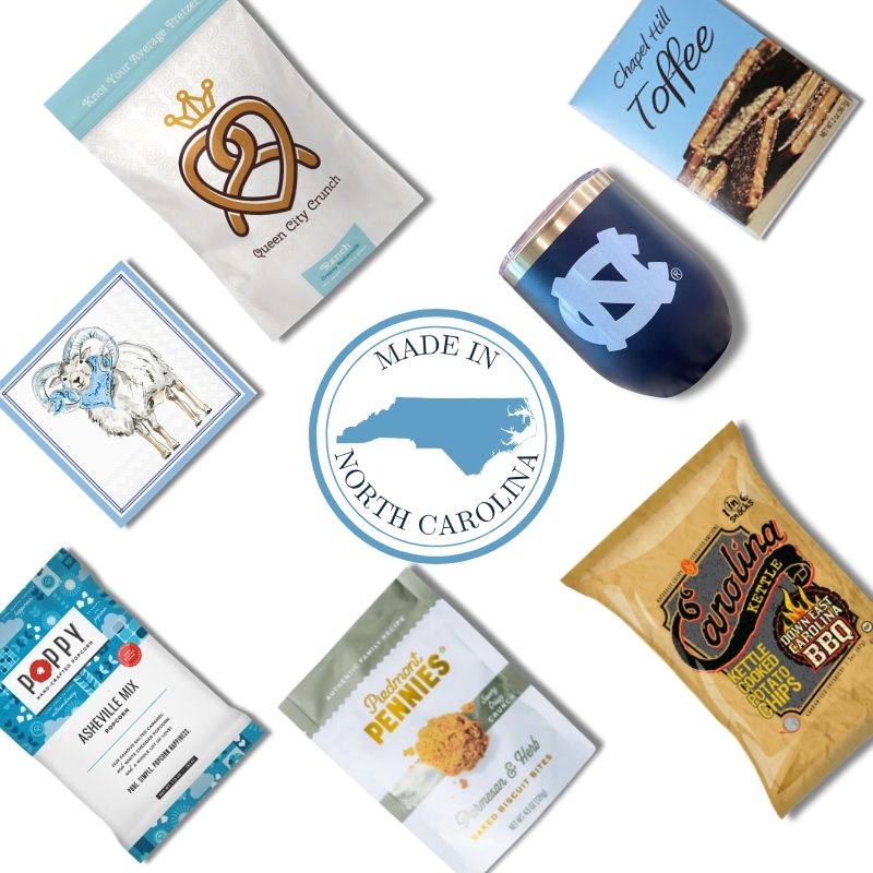 UNC game day gift basket contents with North Carolina gourmet snacks and Tar Heels accessories