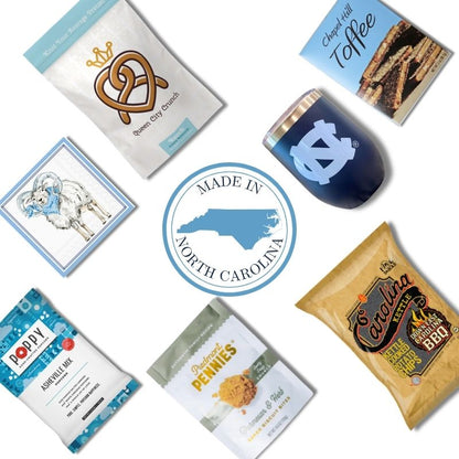 UNC game day gift basket contents with North Carolina gourmet snacks and Tar Heels accessories