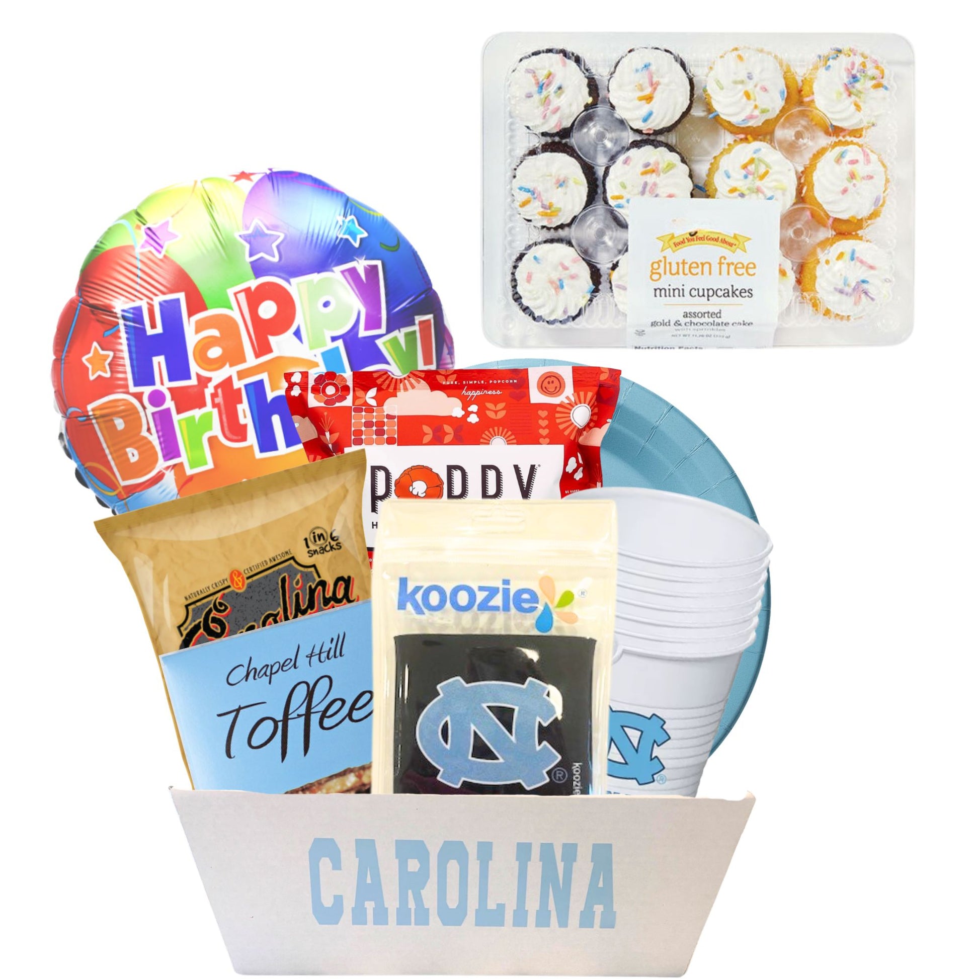 UNC tar heels gift basket woth gluten free treats, cupcakes, and UNC chapel Hill party gear