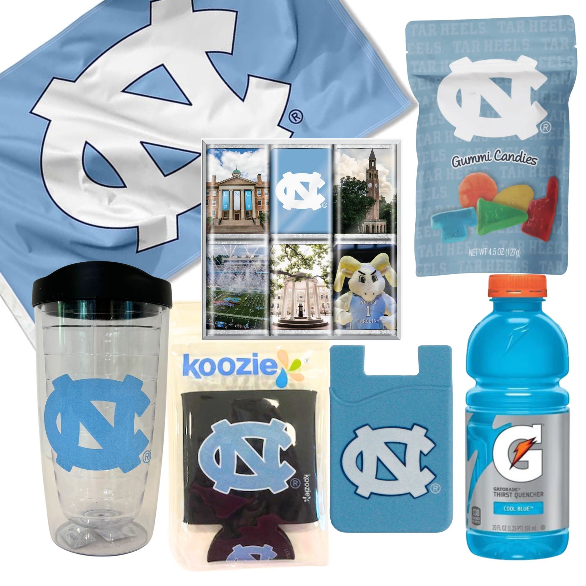 Collage of items in the UNC Fan Basket, including a UNC flag, chocolates, gummy snacks, insulated tumbler, can cooler, phone card wallet, and Carolina blue Gatorade.
