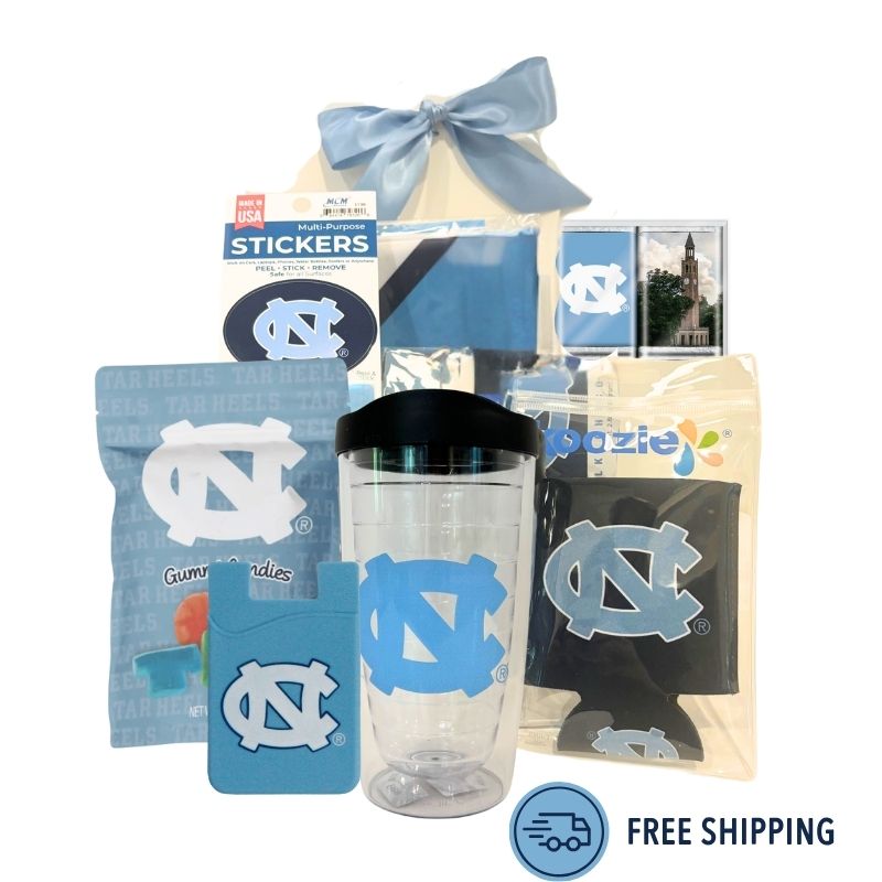 Welcome to UNC Gift Box featuring UNC-branded items including a flag, tumbler, chocolate, stickers, and more, perfect for celebrating new students at UNC Chapel Hill.