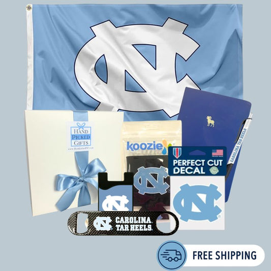 UNC acceptance gift package with Tar Heels flag, koozie, and Chapel Hill student essentials