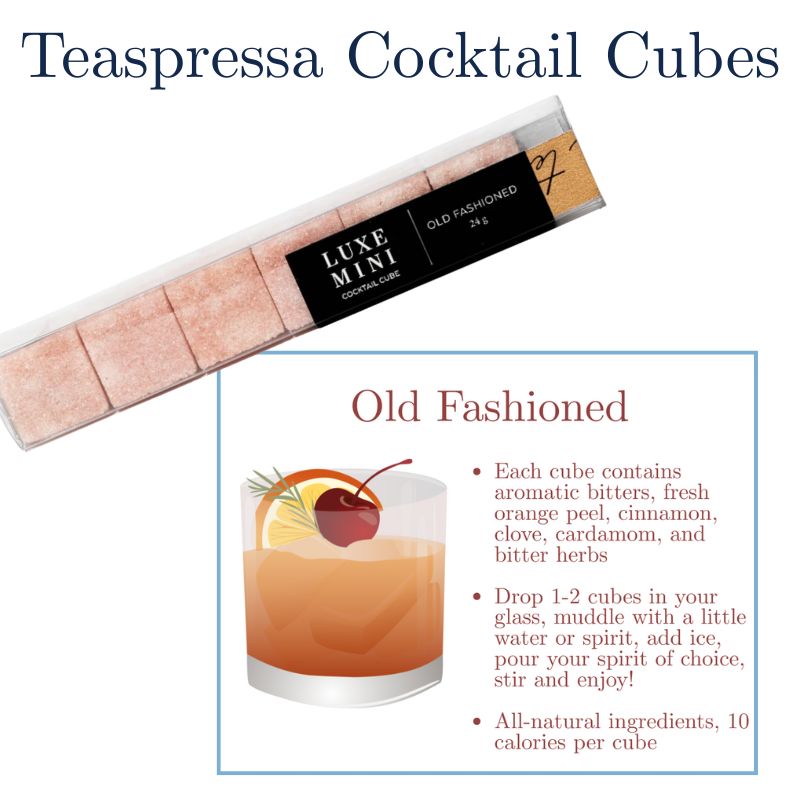Teaspressa cocktail cubes packaging with an Old Fashioned cocktail illustration and recipe, included in UNC Happy Hour Box