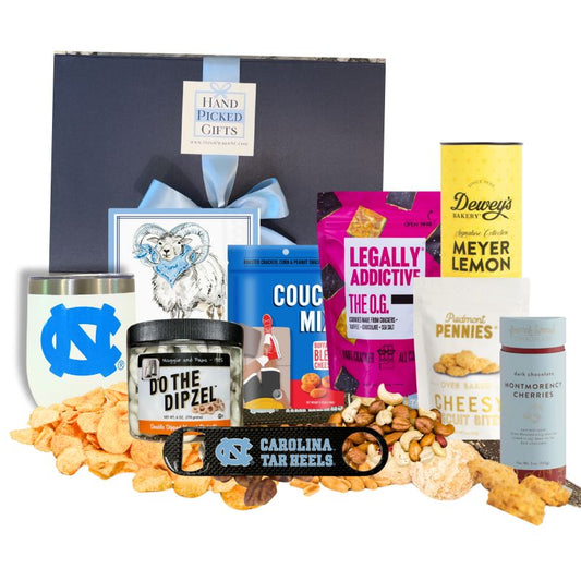 Gourmet UNC Chapel Hill gift containing UNC tumbler, ramses beverage napkins, Chapel Hill chocolate, and other gourmet food made in North Carolina