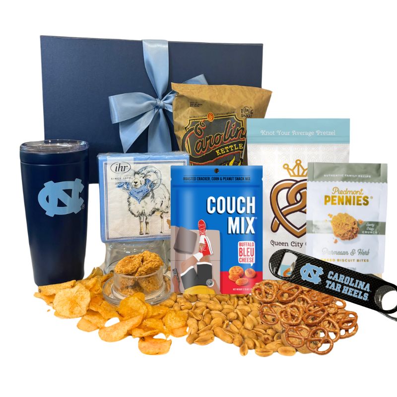 UNC themed food basket including UNC branded gifts and made in NC gourmet foods