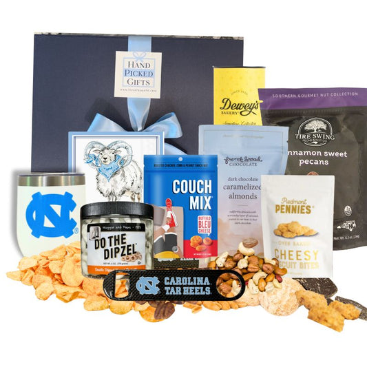 Gourmet UNC Chapel Hill gift containing UNC tumbler, ramses beverage napkins, Chapel Hill chocolate, and other gourmet food made in North Carolina