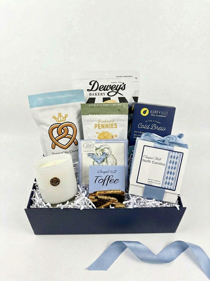 Chapel Hill gift basket with North Carolina specialty foods and UNC Tar Heels argyle keepsake candle