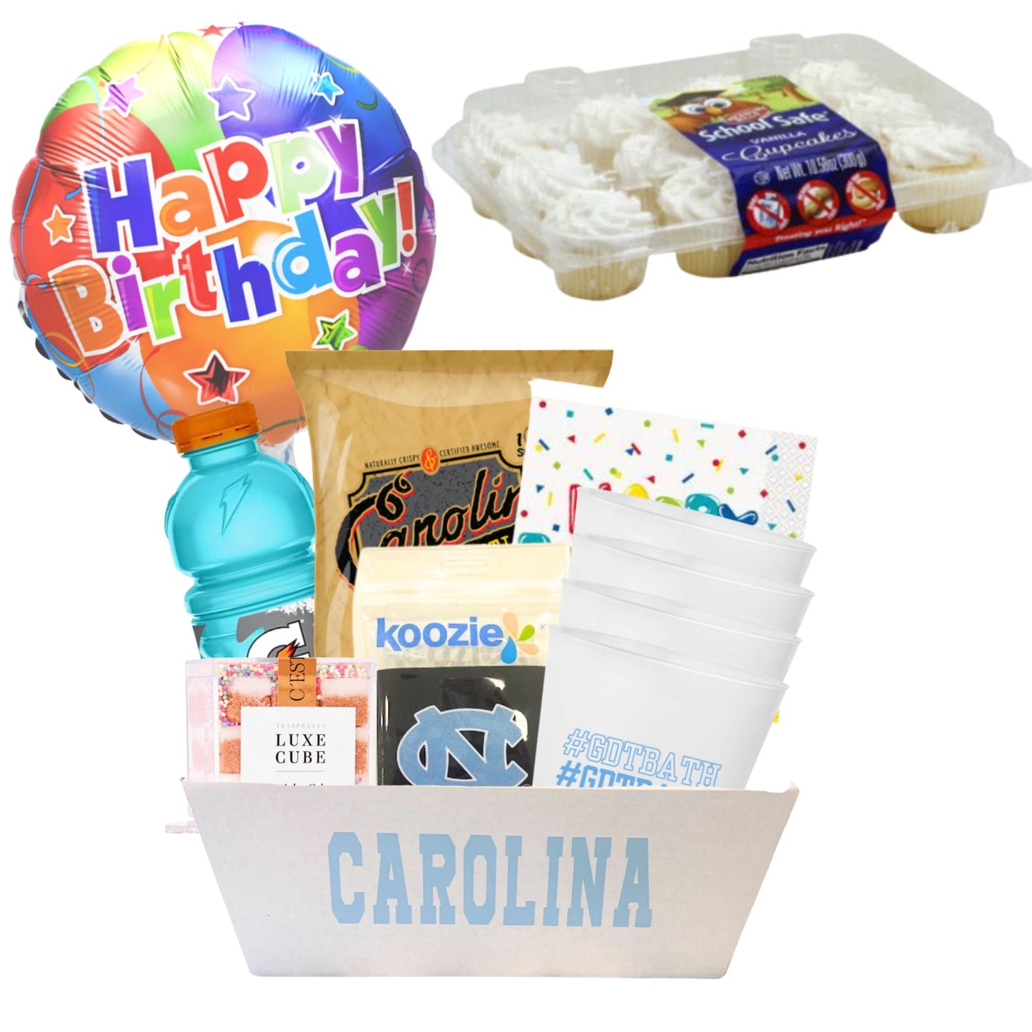 Nut-Free Tar Heel Birthday Surprise basket featuring 12 mini cupcakes, teaspressa cubes, UNC-themed treats, and festive birthday accessories