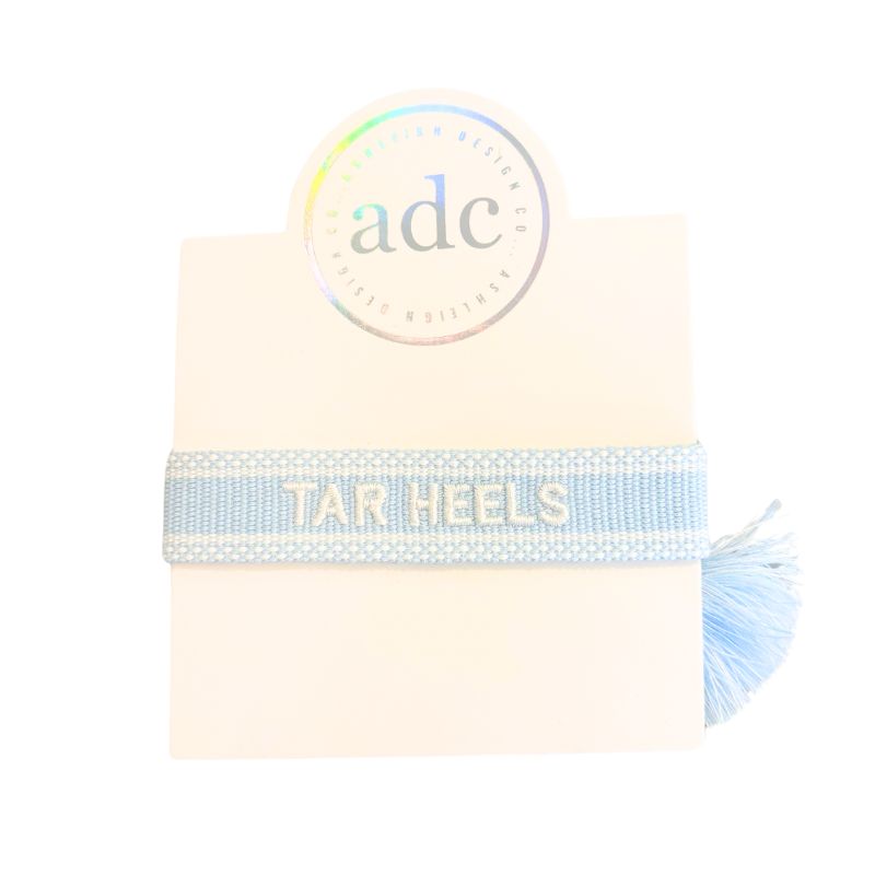 Tar Heels blue woven Boho bracelet embroidered with 'Tar Heels,' a trendy accessory popular with college girls, perfect for showing off your UNC pride.