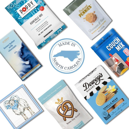 flat lay of North Carolina made products included in a luxury gift basket that is designed for alumni, staff, and fans of UNC North Carolina at Chapel Hill