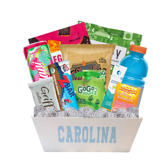  UNC exam care package with energy drinks, snacks, and wellness essentials for Chapel Hill students