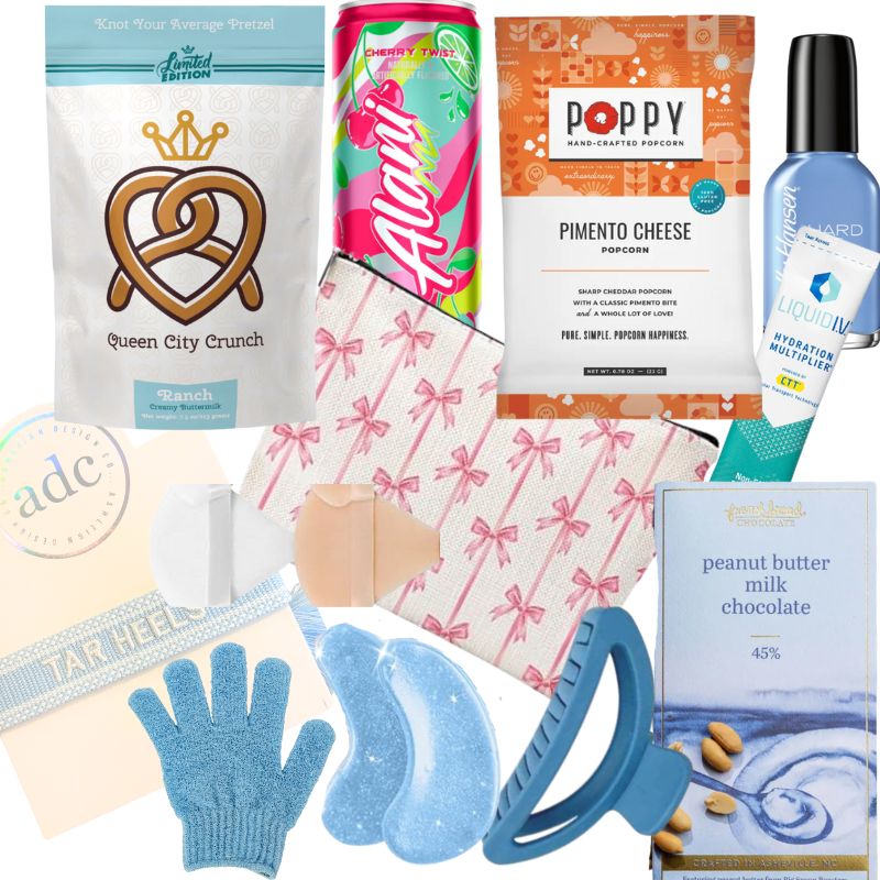 flat lay of items contained in UNC Chapel Hill gift for girls who like self care and pampering