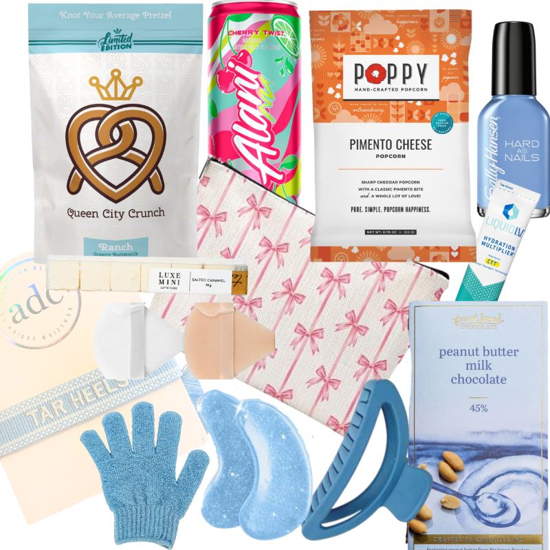 flat lay of items contained in UNC Chapel Hill gift for girls who like self care and pampering