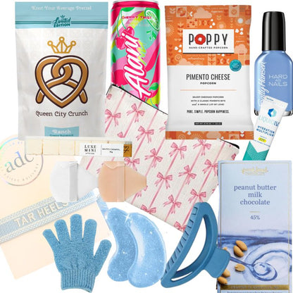 flat lay of items contained in UNC Chapel Hill gift for girls who like self care and pampering