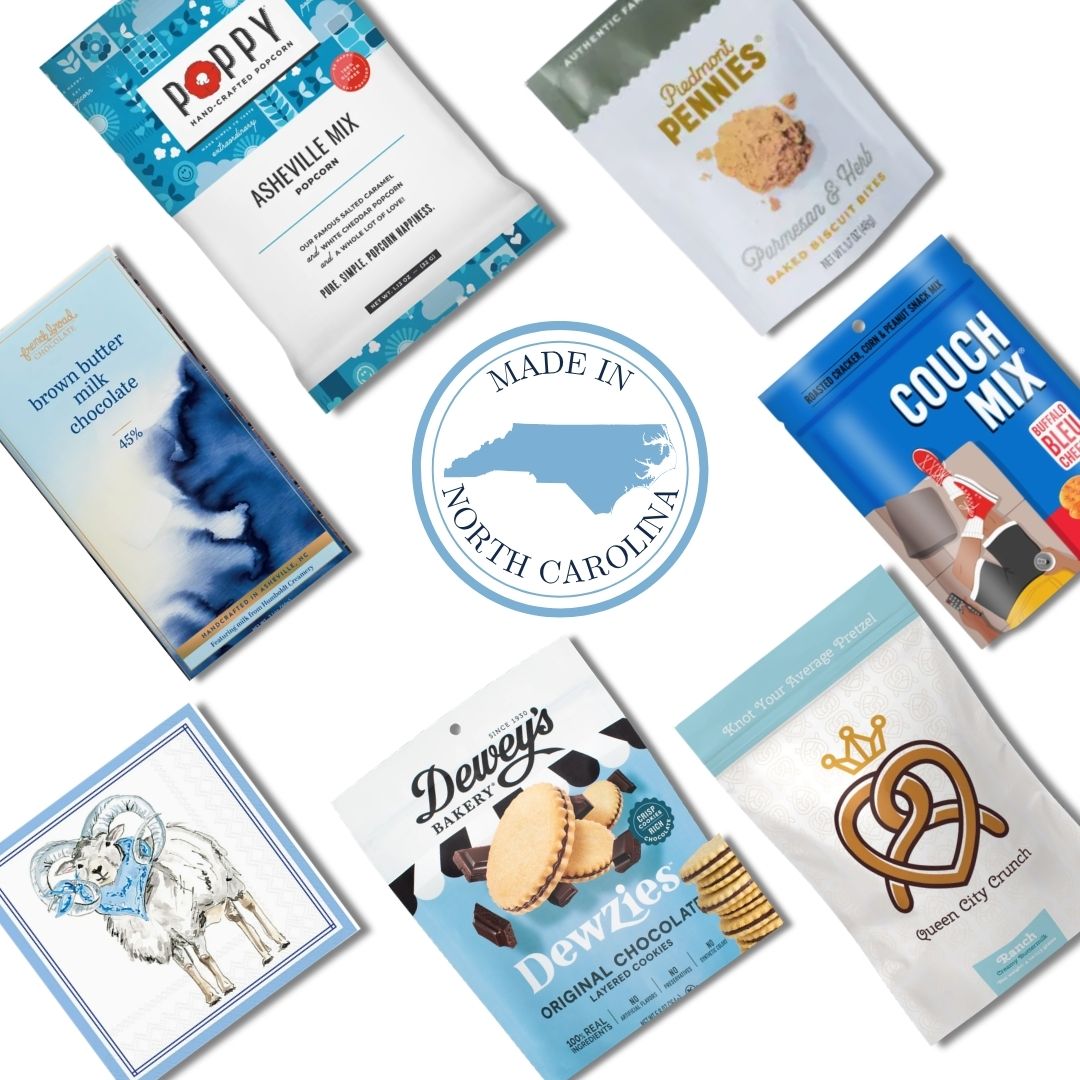 UNC gourmet snack basket contents with North Carolina popcorn, chocolate, and Chapel Hill treats