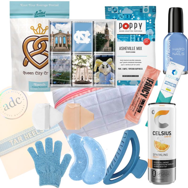 collection of items included in self care gift basket for UNC Chapel Hill girls.From University of North Carolina at Chapel Hill chocolates to a Tar Heels bracelet and made in NC snacks, this is a Carolina Blue gift basket for girls.