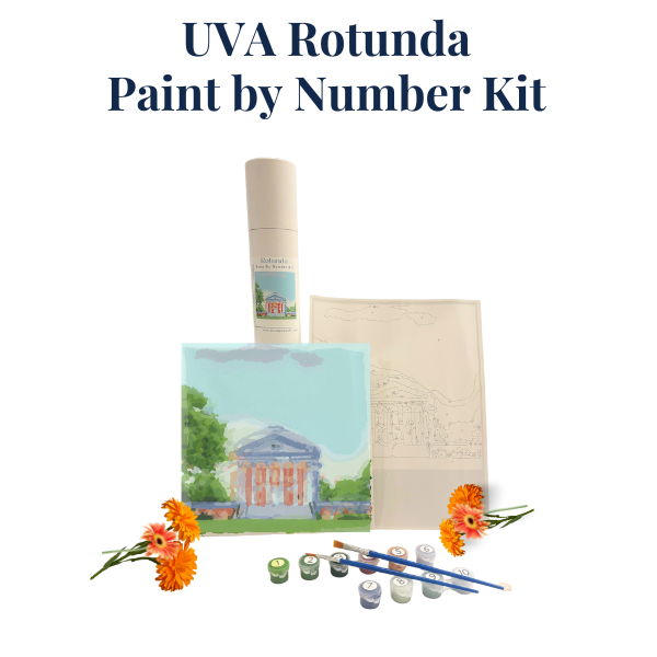 UVA Rotunda Paint by Number Kit with paint, canvas, and brushes on a white background