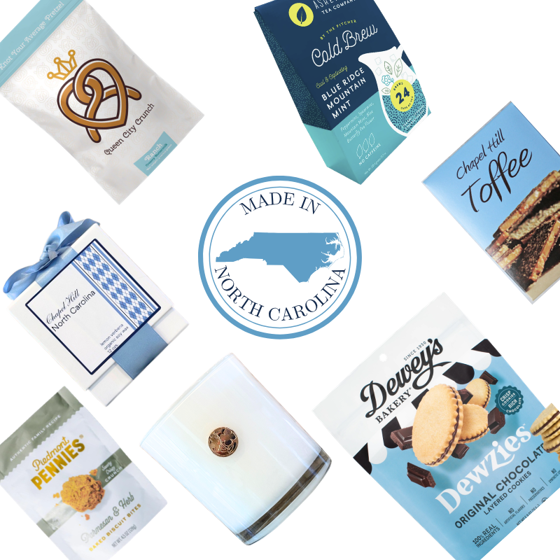 UNC Chapel Hill gift basket contents with North Carolina gourmet snacks and dogwood candle.