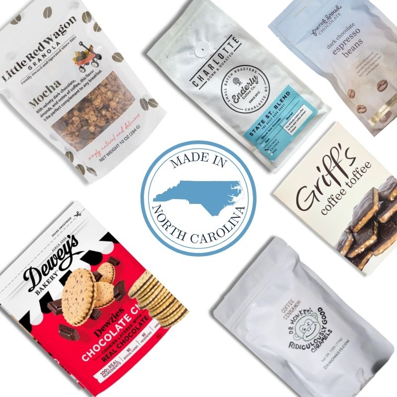 Flat lay of the NC Coffee & Chocolate Gift Box contents with a "Made in North Carolina" icon in the center, showcasing locally made sweets, coffee, and chocolate from NC artisans.