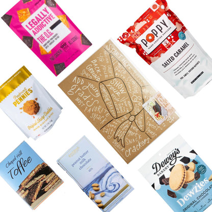 flat lay display of graduation gift basket contents, including graduation cap charcuterie mat and locally made north carolina foods