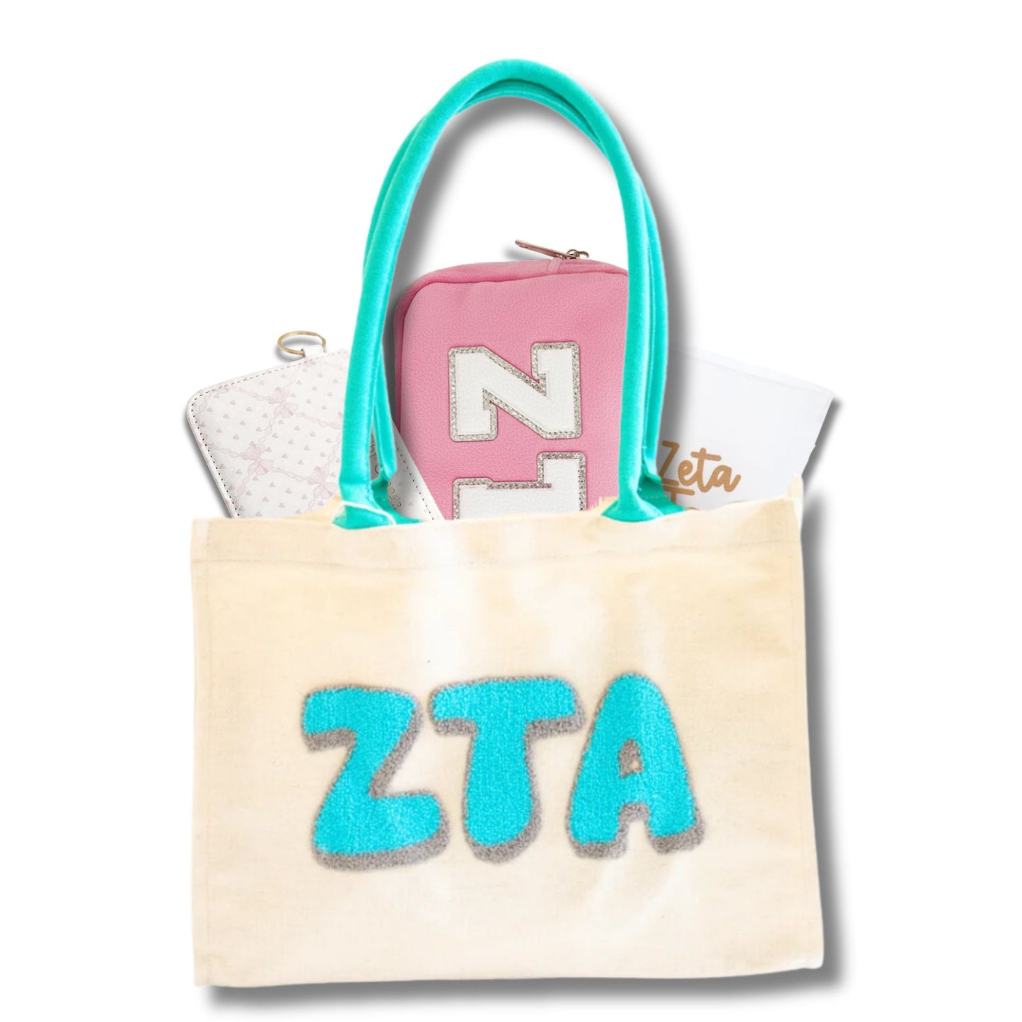 Zeta Tau Alpha sorority gift bag with Greek letter accessories for students and bid day