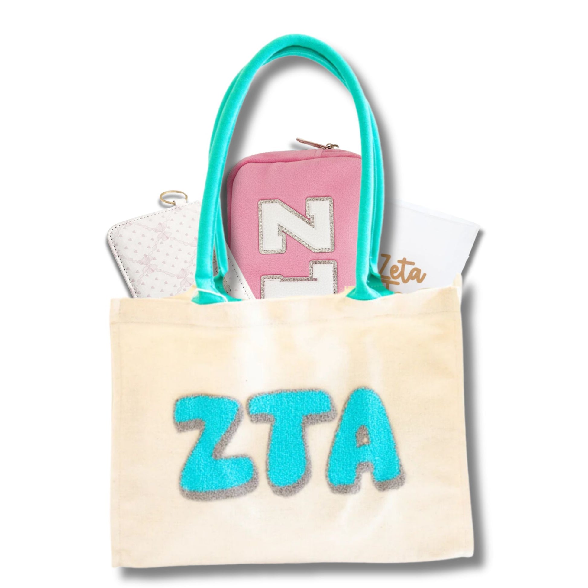 Zeta Tau Alpha sorority gift bag with Greek letter accessories for students and bid day