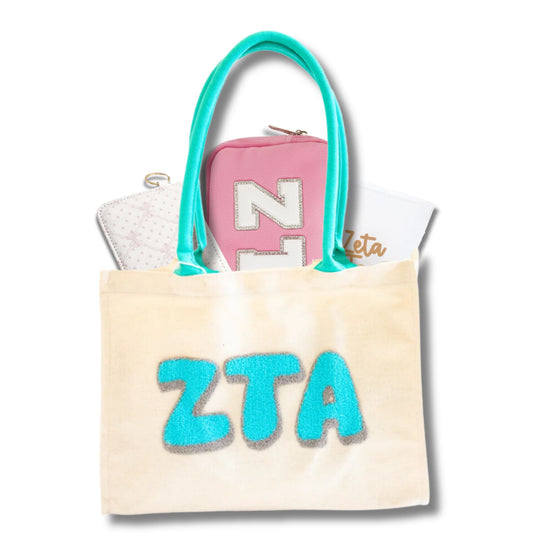 Zeta Tau Alpha sorority gift bag with Greek letter accessories for students and bid day