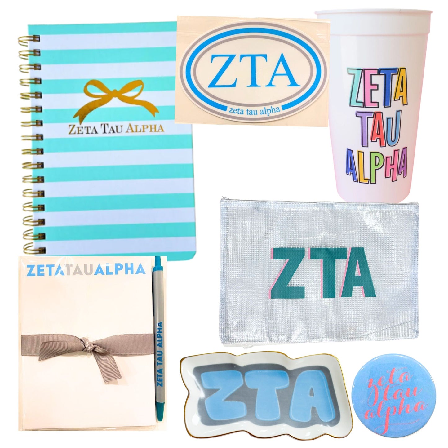 Collection of Zeta Tau Alpha branded stationery items including a notebook, pen, cup, and pouch on a white background for bid day, initiation, and little sister