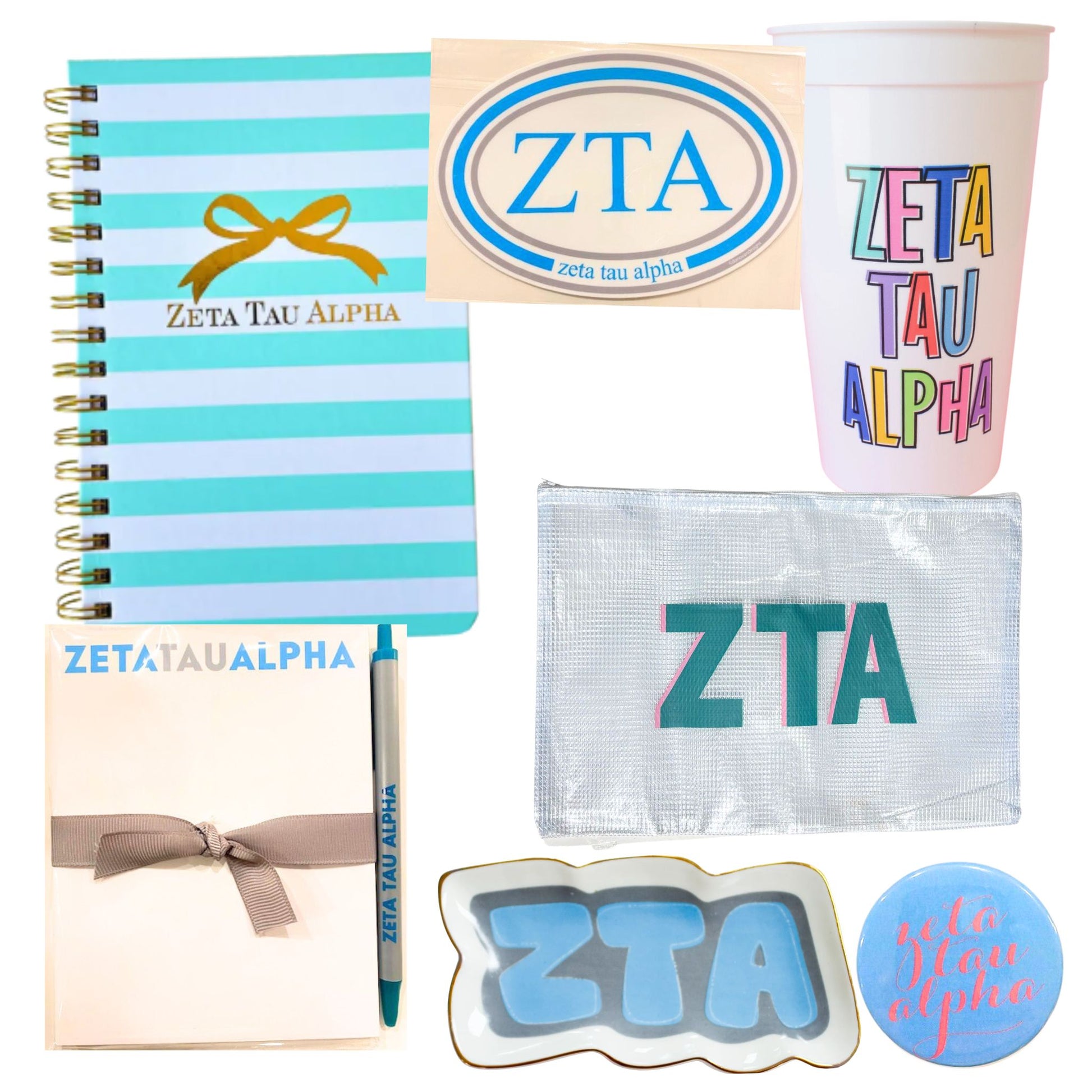 Collection of Zeta Tau Alpha branded stationery items including a notebook, pen, cup, and pouch on a white background for bid day, initiation, and little sister